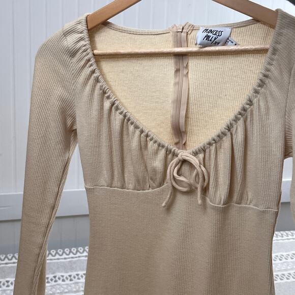 Princess Polly Cream Waffle Knit Mini Dress Long Sleeve Tie Front Bodycon - Picture 1 of 15